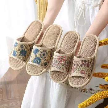 Летние льняные тапочки унисекс с цветочным узором: Толстая подошва, нескользящая, износостойкая, идеально подходит для спальни и домашнего использования.