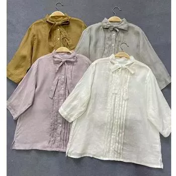 Летние льняные женские топы с бантом Johnature, блузки, винтажные свободные женские рубашки на пуговицах