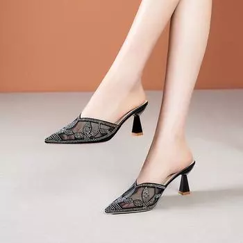 Летние лаконичные женские туфли-мюли на высоком каблуке женские тапочки свадебные босоножки женская обувь модные стразы сетчатые кружевные шлепанцы 39 чёрный