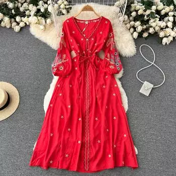 Летние легкие и приготовленные платья Yujie с талией и тонкой вышивкой Красный темперамент One Size чёрный