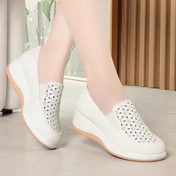 Летние легкие одинарные туфли, дышащая женская обувь, мягкая подошва, удобные туфли с отверстиями, танкетка, кожаные туфли 35 жёлтый