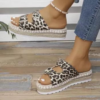 Летние Леопардовый принт Толстая подошва Легкие повседневные пляжные тапочки Большие размеры Круглый носок Полые сексуальные удобные сандалии 36