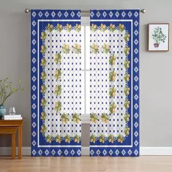 Летние лимонные ретро-оберточные плитки, синие тюлевые шторы для гостиной, спальни, кухни, декор, экзотические цветы, прозрачные шторы из вуали 1 PCS W100XH250cm