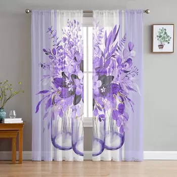 Летние листья эвкалипта в полоску фиолетовая вуаль прозрачные шторы гостиная тюль занавеска для окна кухня спальня шторы домашний декор W135 x H114cm
