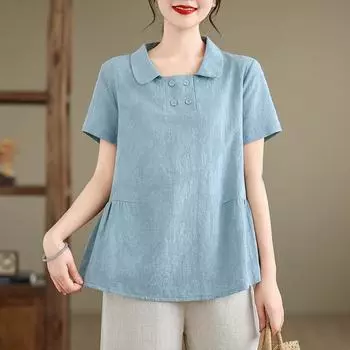 Летние литературные блузки и рубашки Повседневная утягивающая рубашка Топ для женщин M синий