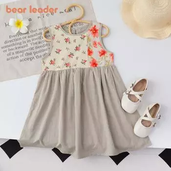 Летние лоскутные платья Bear Leader с цветочным принтом, детская одежда без рукавов с круглым вырезом, повседневная одежда для девочек 3T