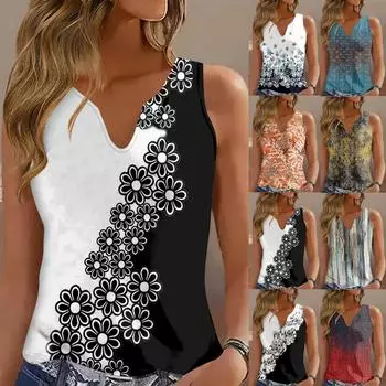 Летние майки для женщин с V-образным вырезом, свободная посадка, повседневная модная струящаяся футболка без рукавов XL чёрный