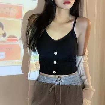 Летние майки для женщин, топы-бюстгальтеры для женщин, майки-топы с встроенным бюстгальтером с подкладкой, майка без рукавов, базовый однотонный сексуальный V-образный вырез One Size чёрный