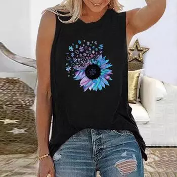 Летние майки с цветочным принтом и 3D-принтом с подсолнухами, женская модная уличная одежда, без рукавов, жилет с круглым вырезом, женская, для девушек, женская одежда на бретелях S