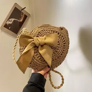 Летние маленькие соломенные сумки через плечо, пляжные сумки ручной работы, плетеная круглая сумка-тоут с бантом, клатч через плечо 26cm*5cm*26cm бежевый