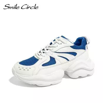 Летние массивные кроссовки, женская обувь на плоской платформе, легкие кроссовки на шнуровке с круглым носком синего/серого цвета, женская обувь 35 синий