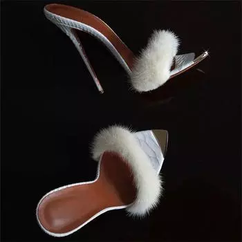 Летние меховые туфли-мюли с открытым носком на тонком каблуке, женские сексуальные сандалии-гладиаторы с металлическим украшением и острым носком, туфли-шпильки для вечеринки 35