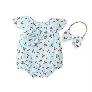 Летние милые боди для маленьких девочек, хлопковый комбинезон с расклешенными рукавами и вишневым принтом, боди с бантом + повязка на голову, повседневный комбинезон, комплект XL