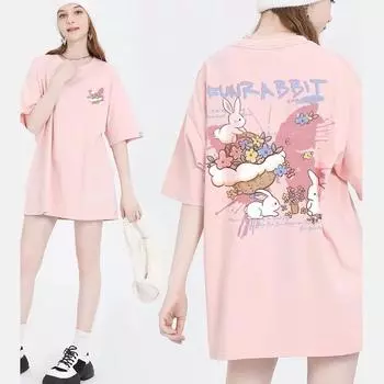 Летние милые футболки из чистого хлопка с рисунком кролика, женские футболки в стиле хип-хоп, уличная повседневная футболка, женские топы Harajuku большого размера с короткими рукавами, розовые топы y2k M чёрный