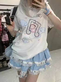 Летние милые футболки Kawaii для женщин, японская мода, уличная одежда Harajuku, мультяшный принт, свободные футболки, топы, мягкие, для девочек, Y2k S белый