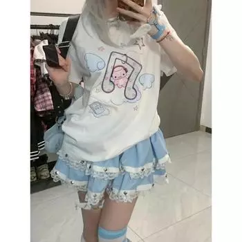 Летние милые футболки Kawaii, женские японские модные уличные футболки в стиле Харадзюку с мультяшным принтом, свободные футболки, топы, мягкие футболки для девочек, 2024 Y2k XL белый