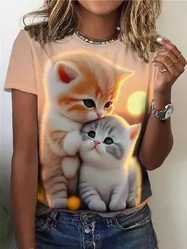 Летние милые футболки с 3D-принтом «Кошка», женская уличная одежда, повседневная мода, большие размеры, футболки с коротким рукавом, футболки с круглым вырезом, топы, одежда XS
