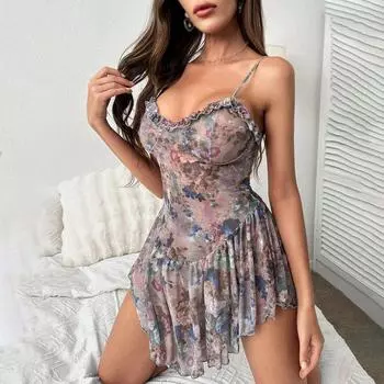 Летние милые винтажные платья с цветочным принтом и V-образным вырезом с оборками, качели для отпуска, пляжная короткая юбка, женская богемная модная плиссированная ночная рубашка на бретельках S синий
