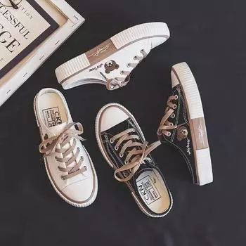 Летние милые женские парусиновые туфли, новые женские полутапочки, корейская версия, женские вулканизированные туфли, плоские кроссовки со шнуровкой Zapatos 35