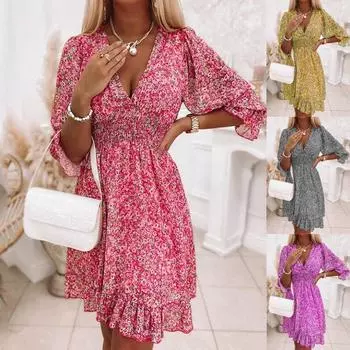 Летние мини-платья с цветочным принтом, женское винтажное сексуальное вечернее платье трапециевидной формы с v-образным вырезом и половиной рукавов, женское повседневное элегантное пляжное платье S жёлтый