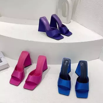Летние модные элегантные женские шлепанцы на высоком каблуке 11 см, новые фиолетовые туфли-лодочки, синие сандалии-мали, женские розово-красные тапочки, качественная обувь 42 синий