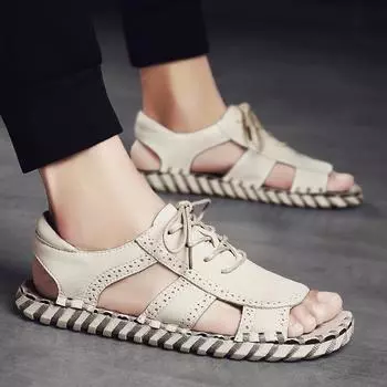 Летние модные британские сандалии, удобные и дышащие, мужские, для отдыха, пляжа, путешествий, ходьбы, нескользящие 39 бежевый