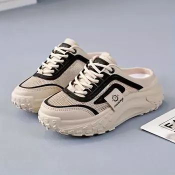 Летние модные дышащие сетчатые кроссовки на среднем каблуке - женские повседневные туфли на шнуровке с круглым носком и подошвой из термополиуретана - для активного отдыха, полуслипон, в стиле досуга 35 белый