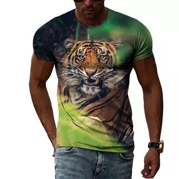 Летние модные футболки с круглым вырезом и рисунком тигра для мужчин, повседневные трендовые футболки Harajuku с 3D принтом и короткими рукавами, топ S