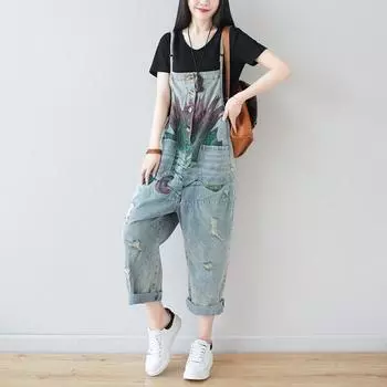 Летние модные комбинезоны Johnature для отдыха с рваными дырками и подтяжками One Size светло-синий