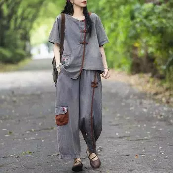 Летние модные костюмы, женские джинсовые комплекты из 2 предметов, винтажные топы и брюки, свободные футболки, повседневные джинсы, наряды с вышивкой one size синий