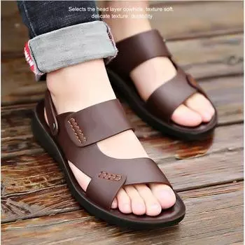 Летние модные кожаные сандалии, мужские нескользящие повседневные шлепанцы, кожаные сандалии, летняя дышащая дорожная обувь, мужские пляжные сандалии, размер 38-48 43 коричневый