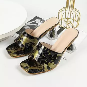 Летние модные леопардовые туфли на толстом каблуке с прозрачным носком, повседневные женские босоножки на высоком каблуке с квадратным носком 35