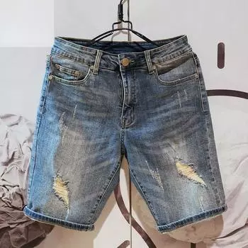 Летние модные мужские джинсовые шорты с дырками, новые синие мешковатые шорты для мужчин, джинсовые брюки 27 синий