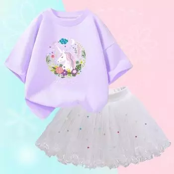 Летние модные наряды для девочек, милая футболка с единорогом и сетчатая юбка-пачка, комплект из двух предметов, красивый комплект одежды для девочек, От 2 до 12 лет 6T(130cm)