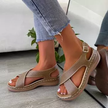 Летние модные новые дышащие удобные и элегантные римские туфли на танкетке, однотонные женские сандалии с открытым носком, НЕТ:253 35