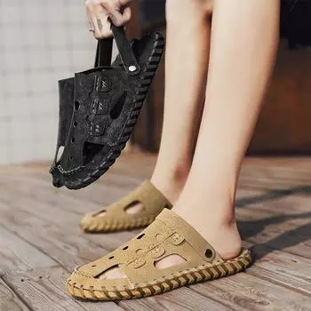 Летние модные новые сандалии с круглым носком, удобные однотонные полые повседневные мужские нескользящие тапочки Sandalias Treking