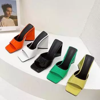 Летние модные пикантные женские шлепанцы на высоком каблуке 11 см, зеленые и желтые сандалии-мулы, оранжевые женские тапочки, качественные белые туфли-лодочки