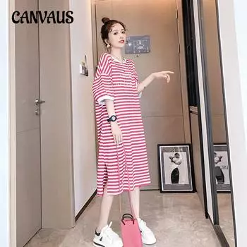 Летние модные полосатые платья женские длинные с короткими рукавами длиной до колена свободные платья-футболки больших размеров L чёрный