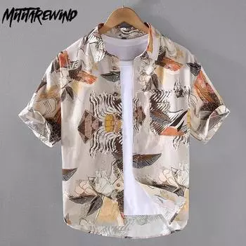 Летние модные принтованные рубашки для мужчин, праздничные, пляжные, повседневные, мужские топы, индивидуальная рубашка с коротким рукавом из лиоцелла, свободная рубашка в японском стиле, уличная одежда M