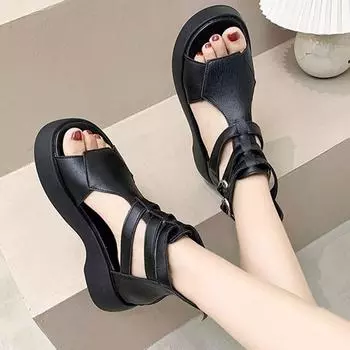 Летние модные римские сандалии для женщин на толстой подошве с пряжкой в виде рыбьего рта и ремешком, высокие классные ботинки, сандалии, сплошная полая обувь 35 чёрный