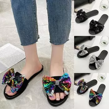 Летние модные сандалии с блестками на плоской подошве и бантом, пляжные тапочки с круглым носком 41 чёрный