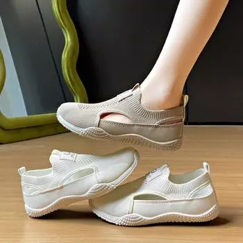 Летние модные сетчатые сандалии с вырезами, новые дышащие универсальные женские туфли на вулканизированной платформе для отдыха, кроссовки, обувь 2025 35 бежевый