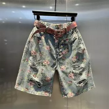 Летние модные свободные и утягивающие широкие прямые брюки с модным принтом, рваные джинсовые шорты длиной пять четвертей для женщин S