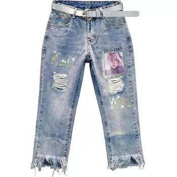 Летние модные свободные рваные джинсы с высокой талией для женщин M синий
