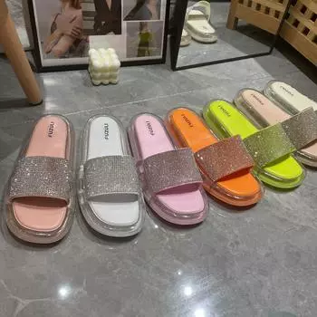 Летние модные тапочки женские удобные сандалии на плоской подошве конфетного цвета 2025 новые пляжные туфли с бриллиантовым ремнем 36 оранжевый