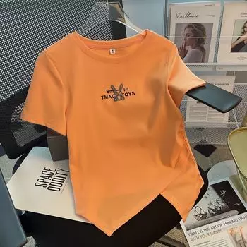 Летние модные топы для женщин с коротким рукавом в стиле пэчворк, приталенная футболка с разрезом и круглым вырезом