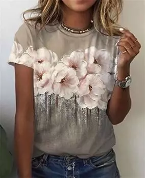 Летние модные топы с короткими рукавами, женские футболки, повседневные футболки с 3D цветочным принтом и круглым вырезом, женская одежда Y2K, футболки больших размеров S