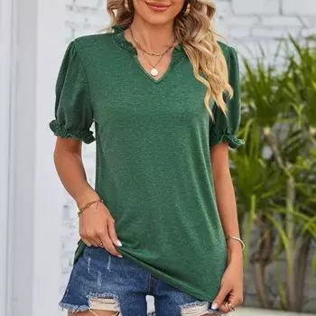Летние модные топы с v-образным вырезом, милая повседневная рубашка 2023, пышная блузка с короткими рукавами, женская свободная элегантная рубашка, женская рубашка Mujer 26031 S зелёный