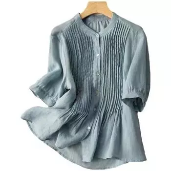 Летние модные топы, женские винтажные хлопково-льняные блузки среднего возраста, белая, оранжевая, синяя, повседневная женская тонкая рубашка с коротким рукавом M белый