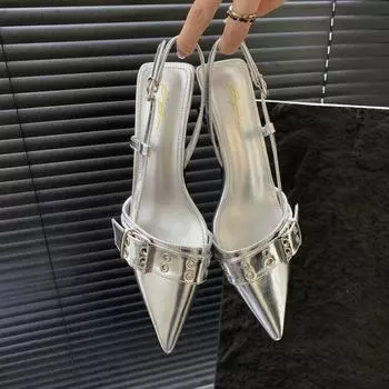 Летние модные туфли-лодочки с острым носком на шпильке с заклепками и пряжками, серебристые босоножки на среднем каблуке, женские туфли для вечеринки и свадьбы 35